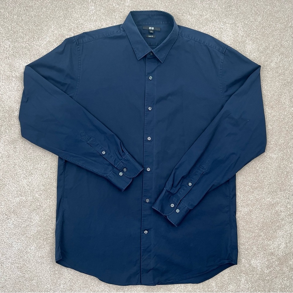 Uniqlo Shirt Adult Navy Blue Large Button Up Slim Fit Business Casual Preppy Men